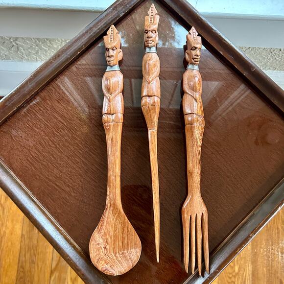 Vintage Hand Carved African Tribal Knife Fork Spoon Serving Utensils - Picture 11 of 15